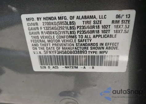 2013 Honda Pilot Ex-L из США, поврежденный, VIN 5FNYF3H58DB038893